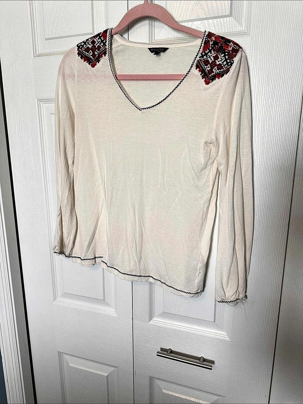 Massimo Dutti Embroidered Long Sleeve Top in White Size XS